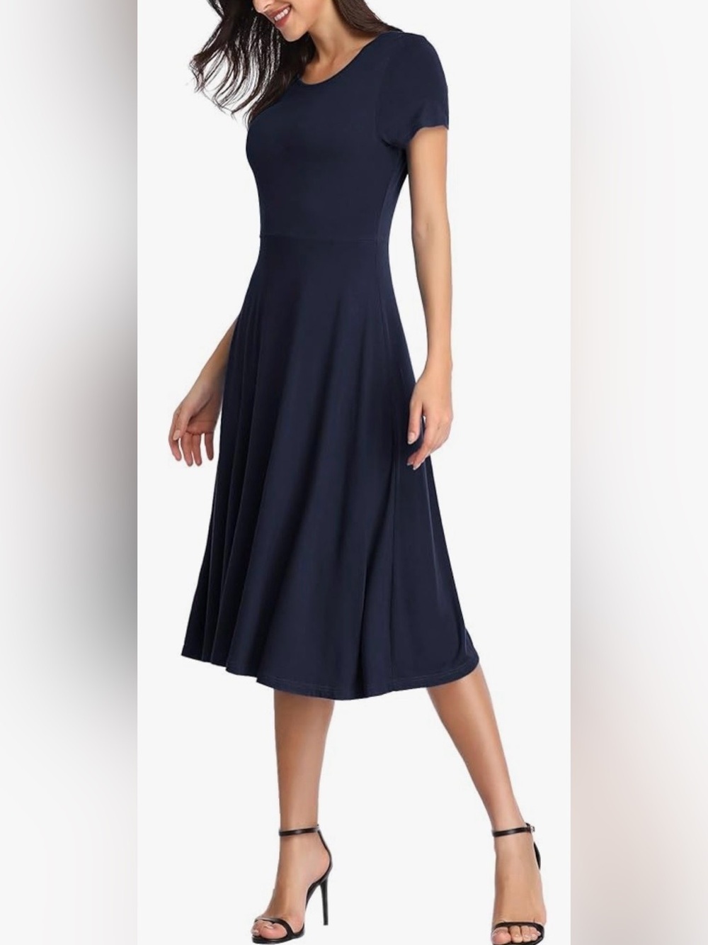 URBAN COCO midi short sleeve high waisted flared navy blue dress NEW size M